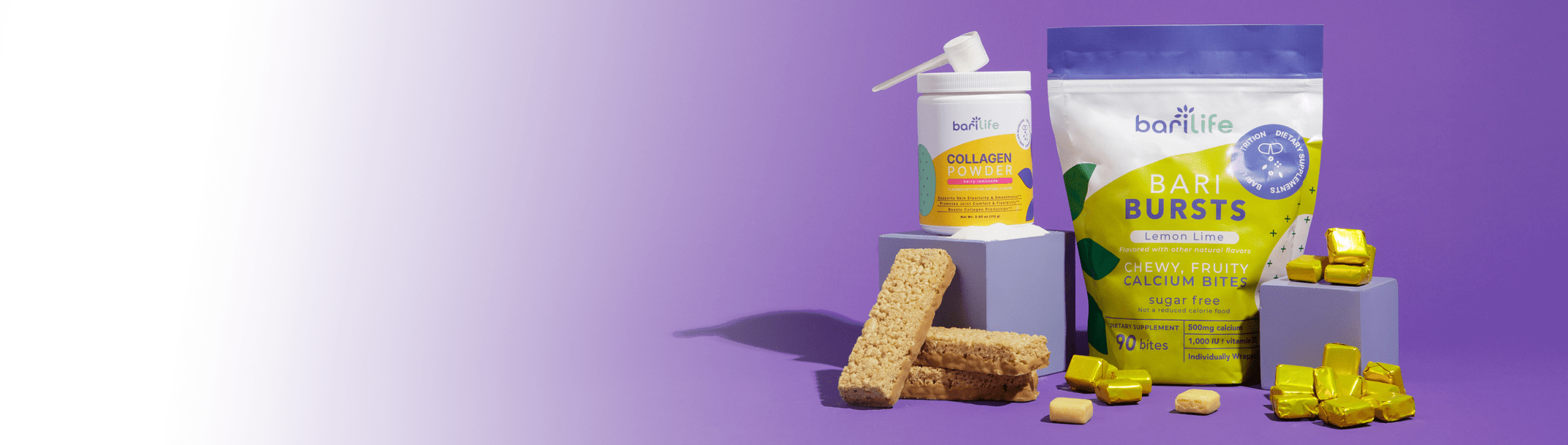 Bari Life products including collagen powder, Bari Bursts, and calcium bites on a vibrant purple background.